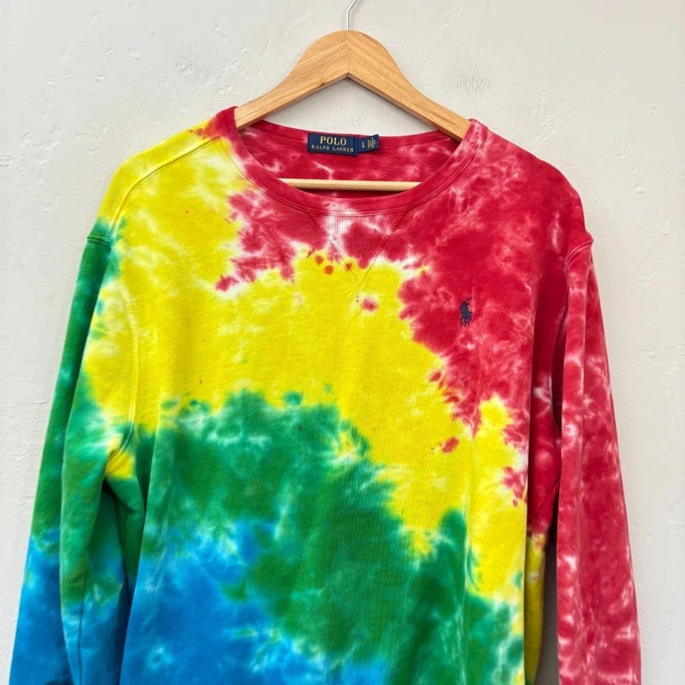 Polo Ralph Lauren Tie Die Sweatshirt Men Size Large Rainbow Pullover Long Sleeve